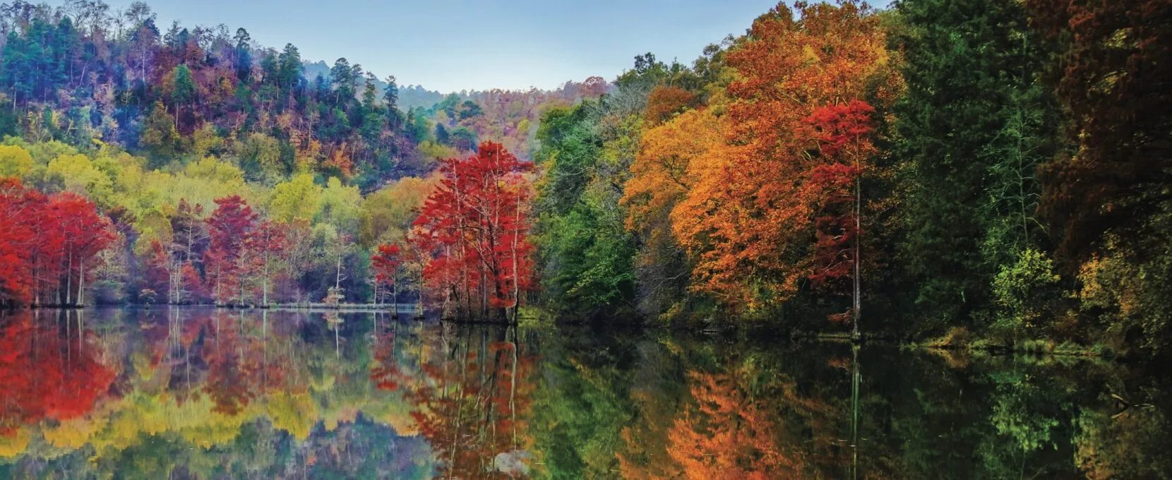 Fall color panorama over Beavers Bend State Park in Broken Bow