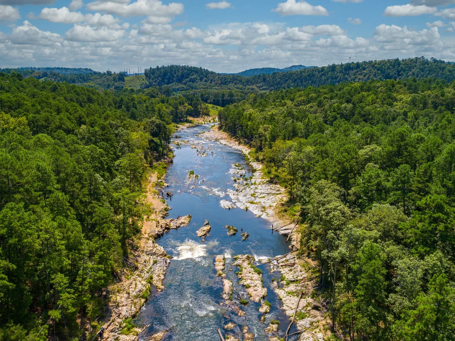 The Lower Mountain Fork River winding through the forest
