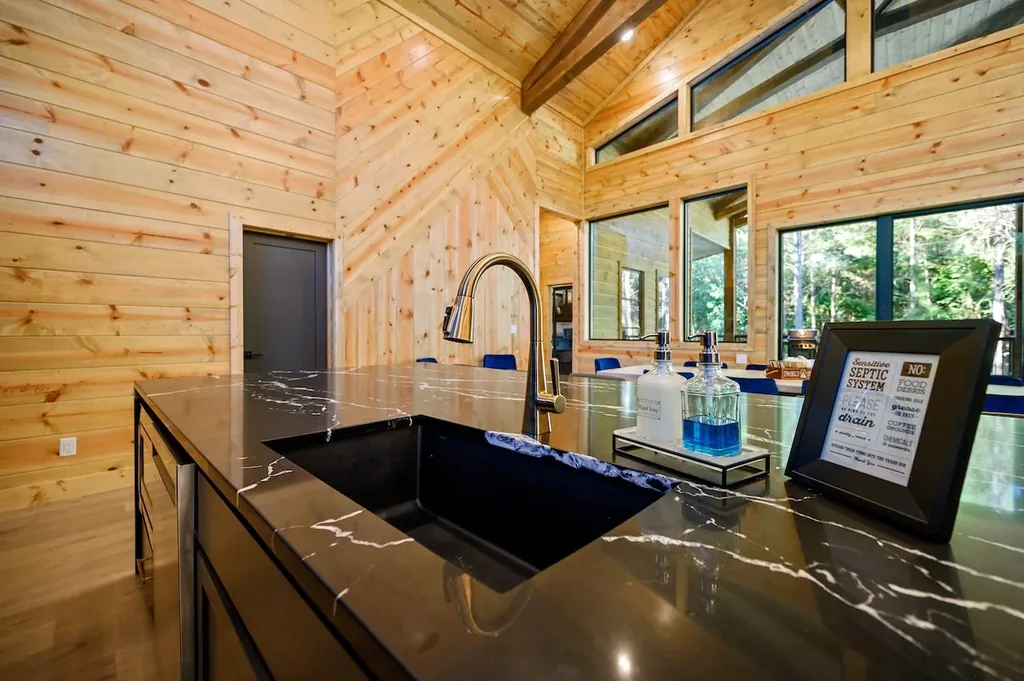 Kitchen sink and black marble counters overlooking the forest