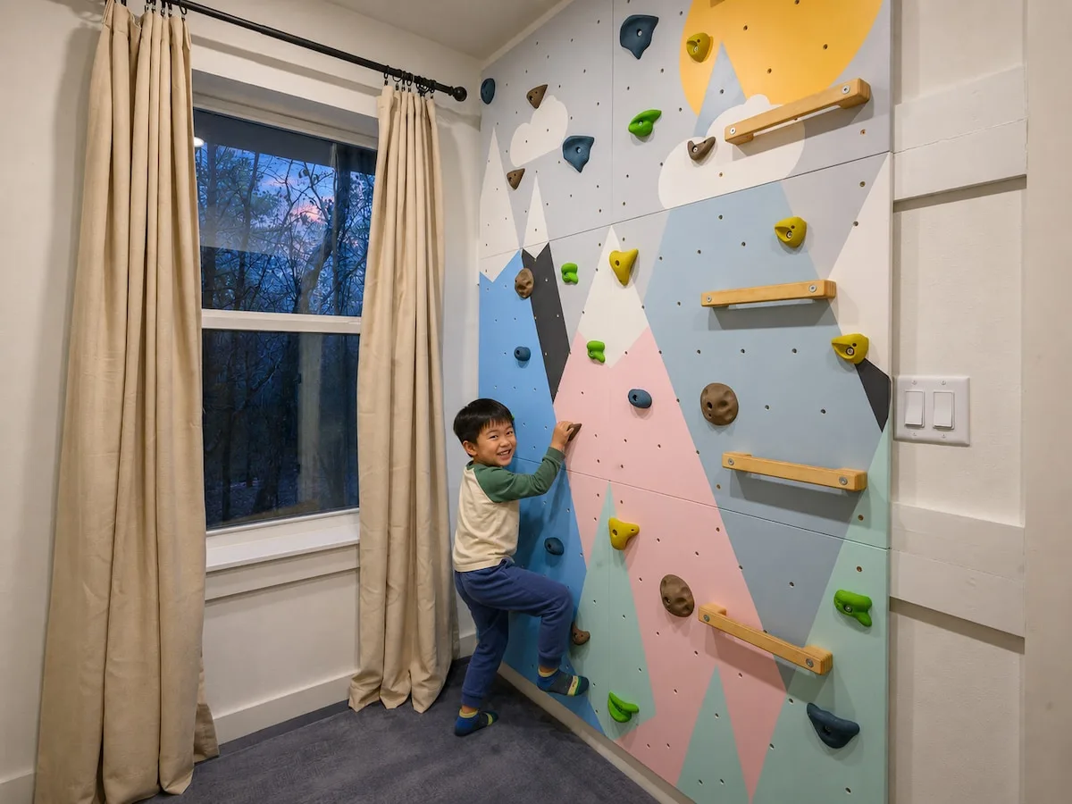 Private indoor climbing wall painted with a mountain scene at The Black-Beary