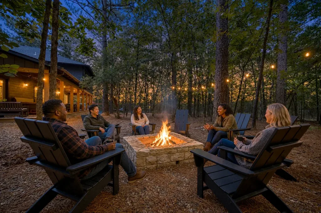 Evening around the stone fire pit at The Black-Beary with Adirondack seating and string lights