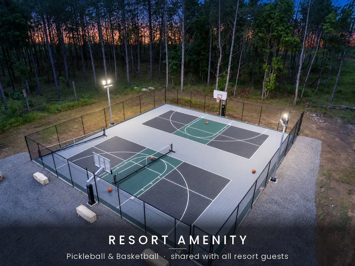 Shared pickleball and basketball courts inside Blue Note's gated community