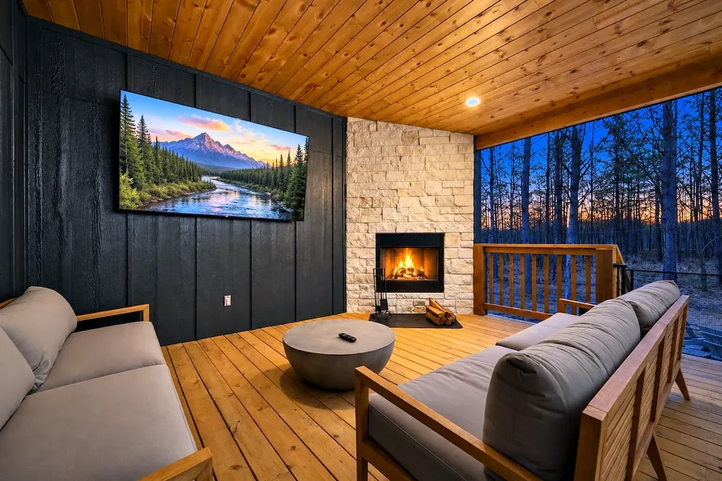 Covered outdoor living room at Blue Note with fireplace, TV and sofas
