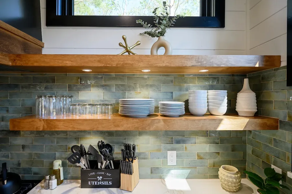 Coffee station and open shelves in the Blue Note kitchen