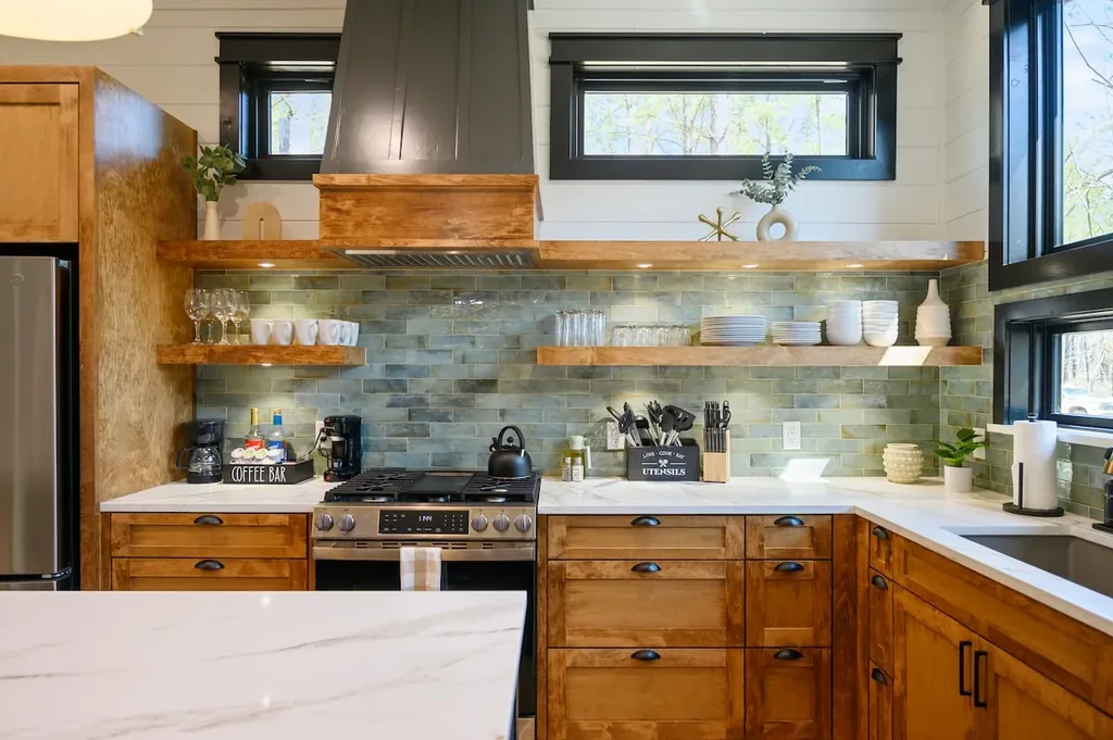 Blue Note kitchen with counter workspace and open shelves