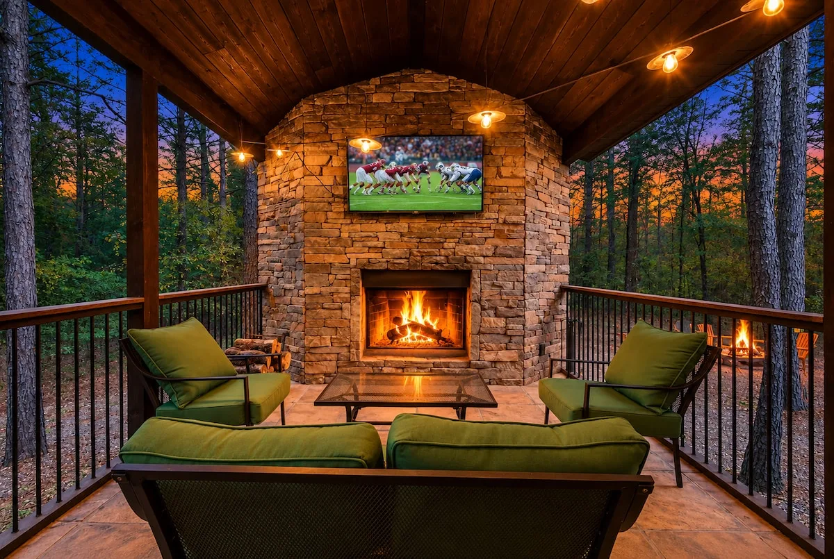 Covered outdoor lounge at Cami's Campout with fireplace and television
