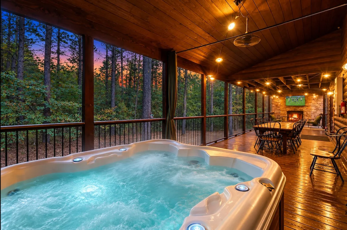 Private hot tub on the covered deck at Cami's Campout