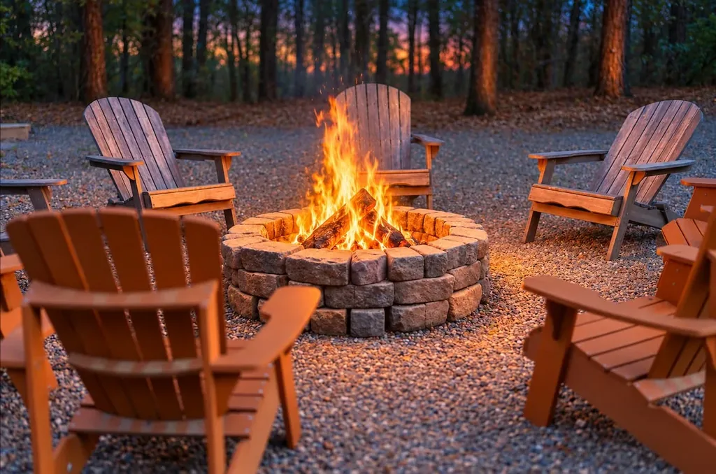 Private fire pit with Adirondack seating at Cami's Campout