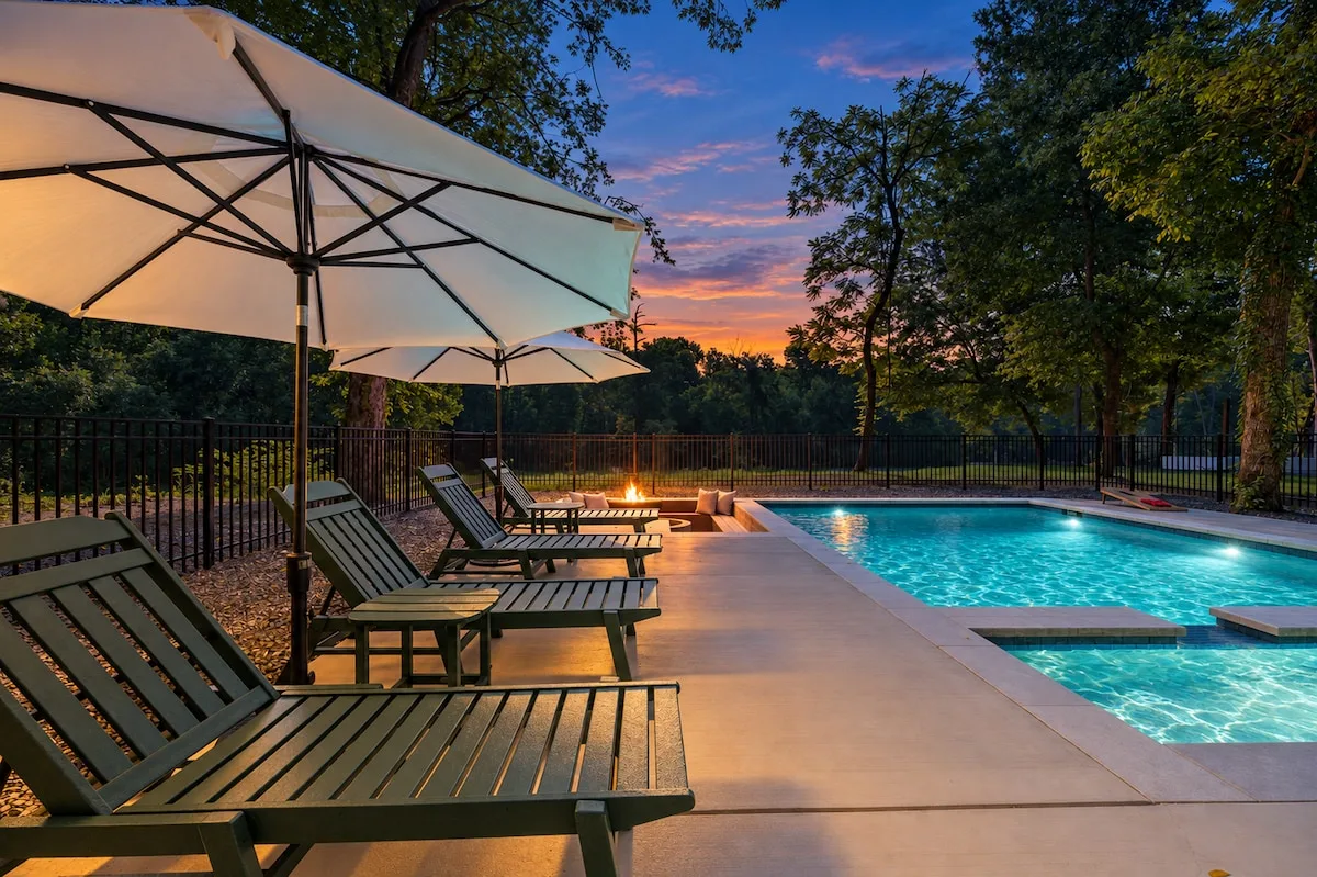 Clearwater private pool and Mountain Fork River at twilight