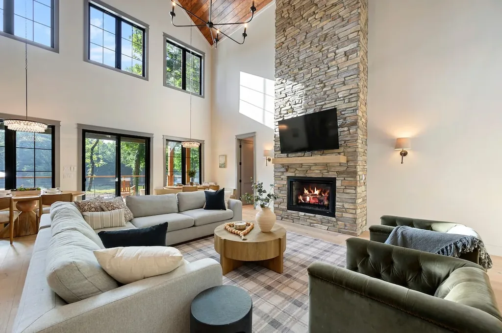 Living room fireplace at Clearwater in Broken Bow