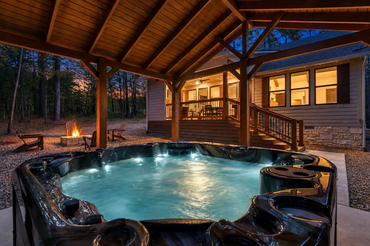 Private hot tub and fire pit among the pines