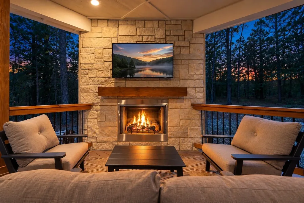 Covered patio fireplace at DOLCE FAR NIENT in Broken Bow