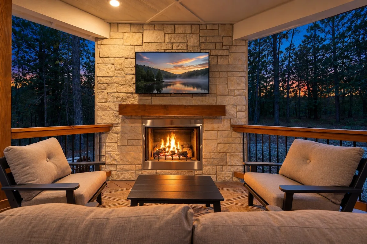 Covered patio with fireplace at DOLCE FAR NIENT