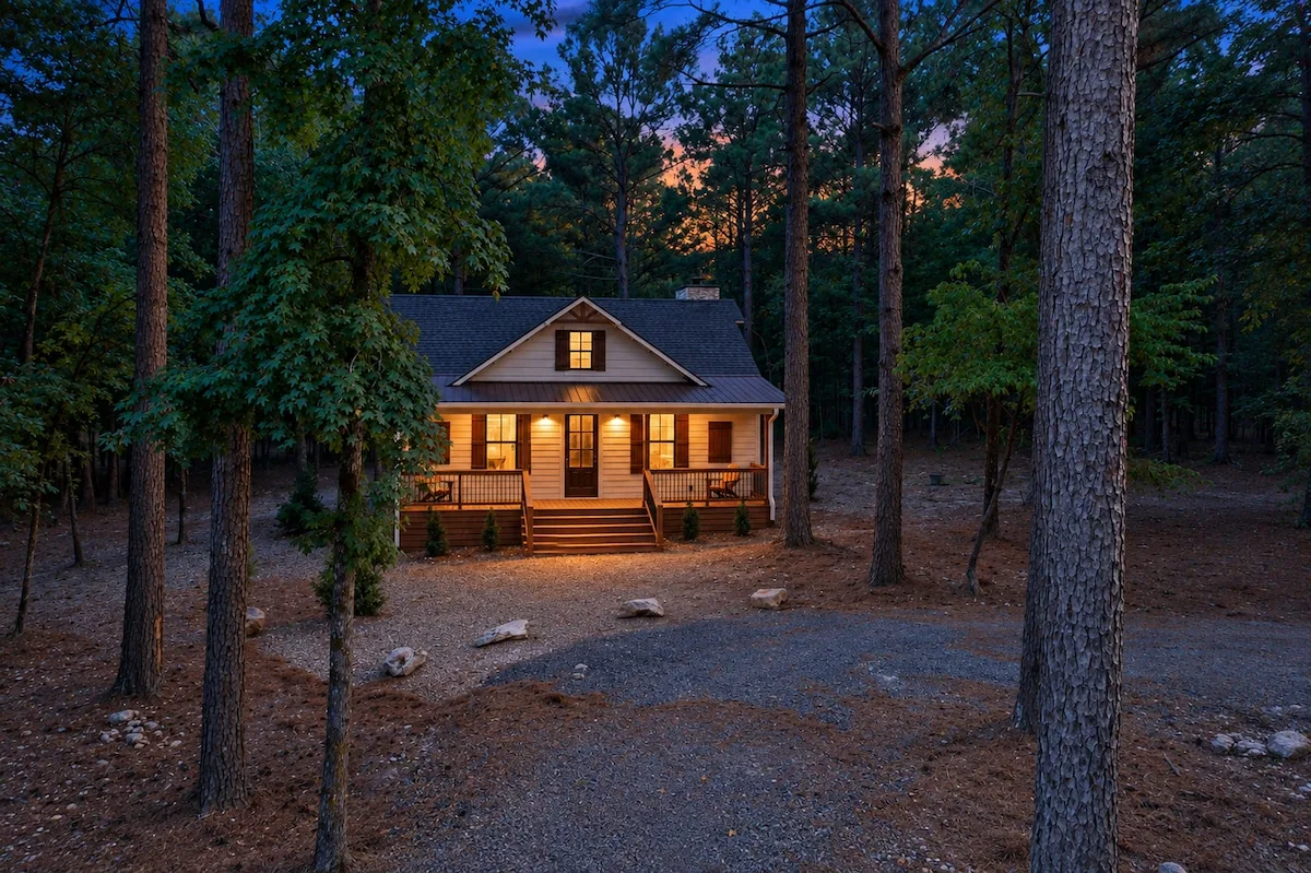 DOLCE FAR NIENT cabin exterior at twilight