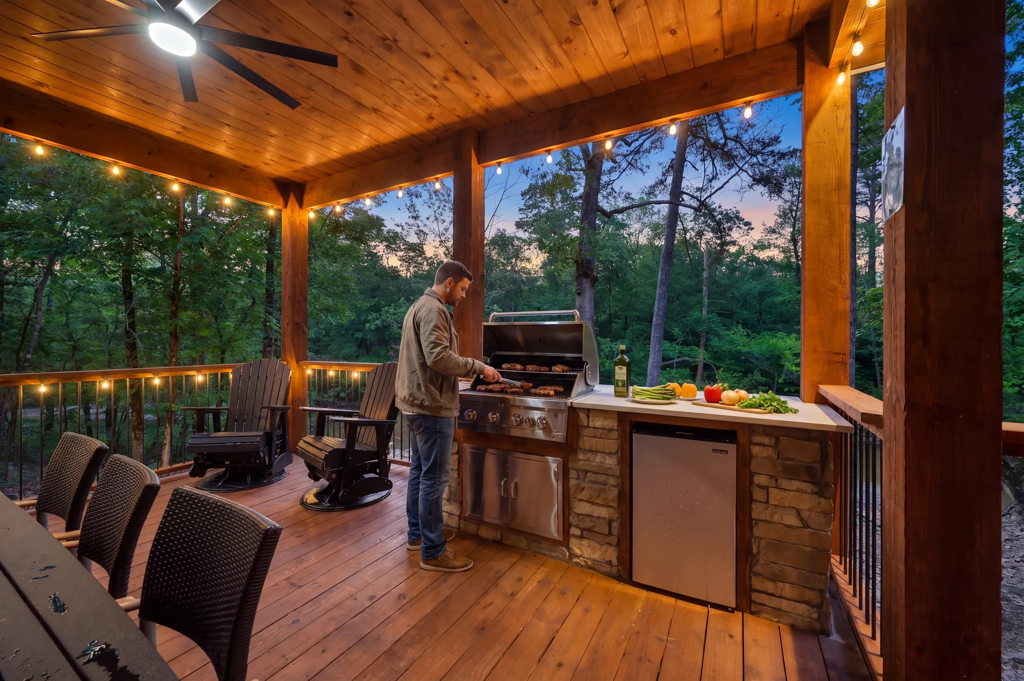 Outdoor kitchen and dining under the trees at Dreams & Streams