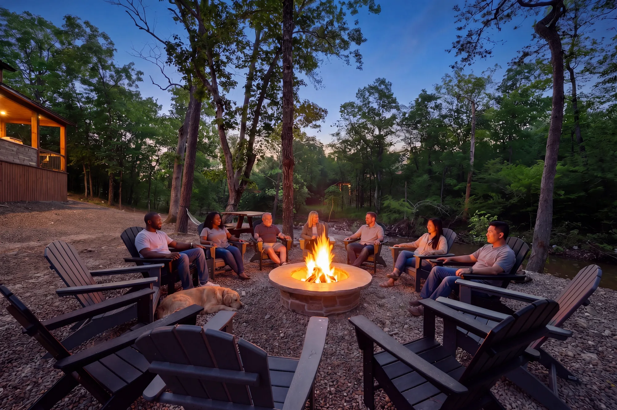 Fire pit with seating for twelve at Dreams & Streams