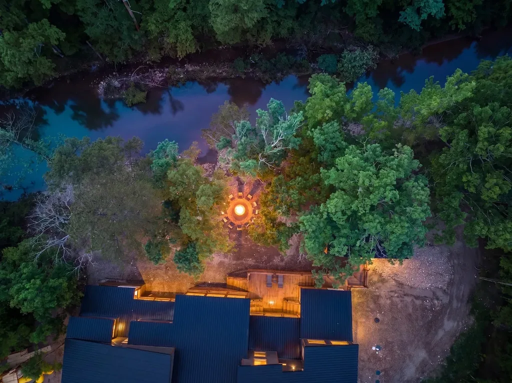 Aerial view of Dreams & Streams beside the creek and fire pit