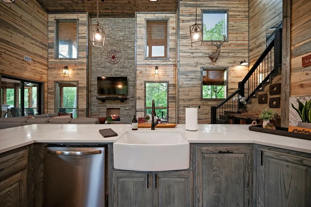 Farmhouse sink overlooking the great-room fireplace