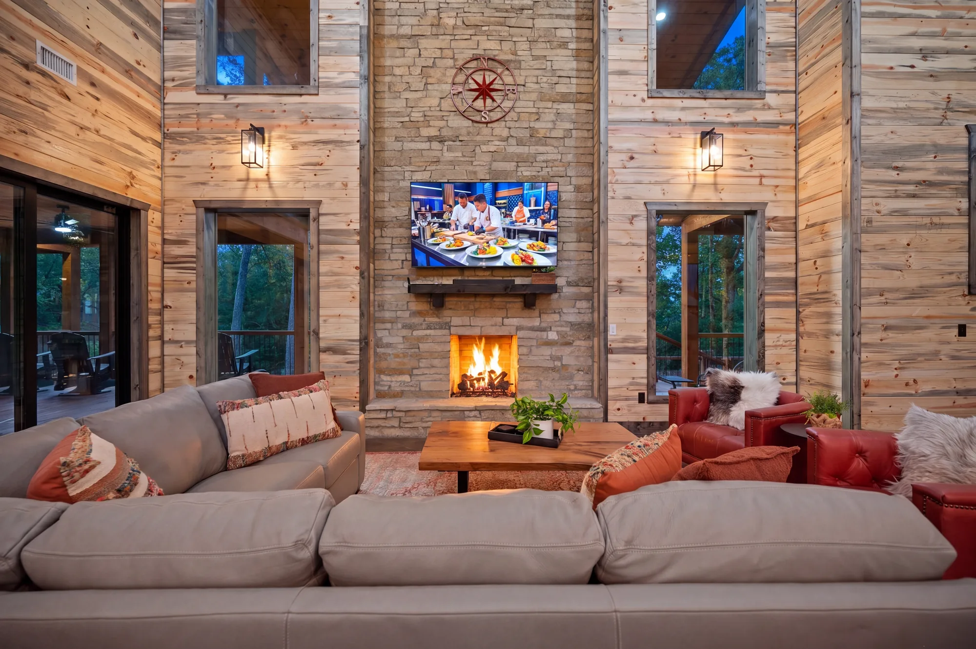 Living area with vaulted wood ceiling at Dreams & Streams