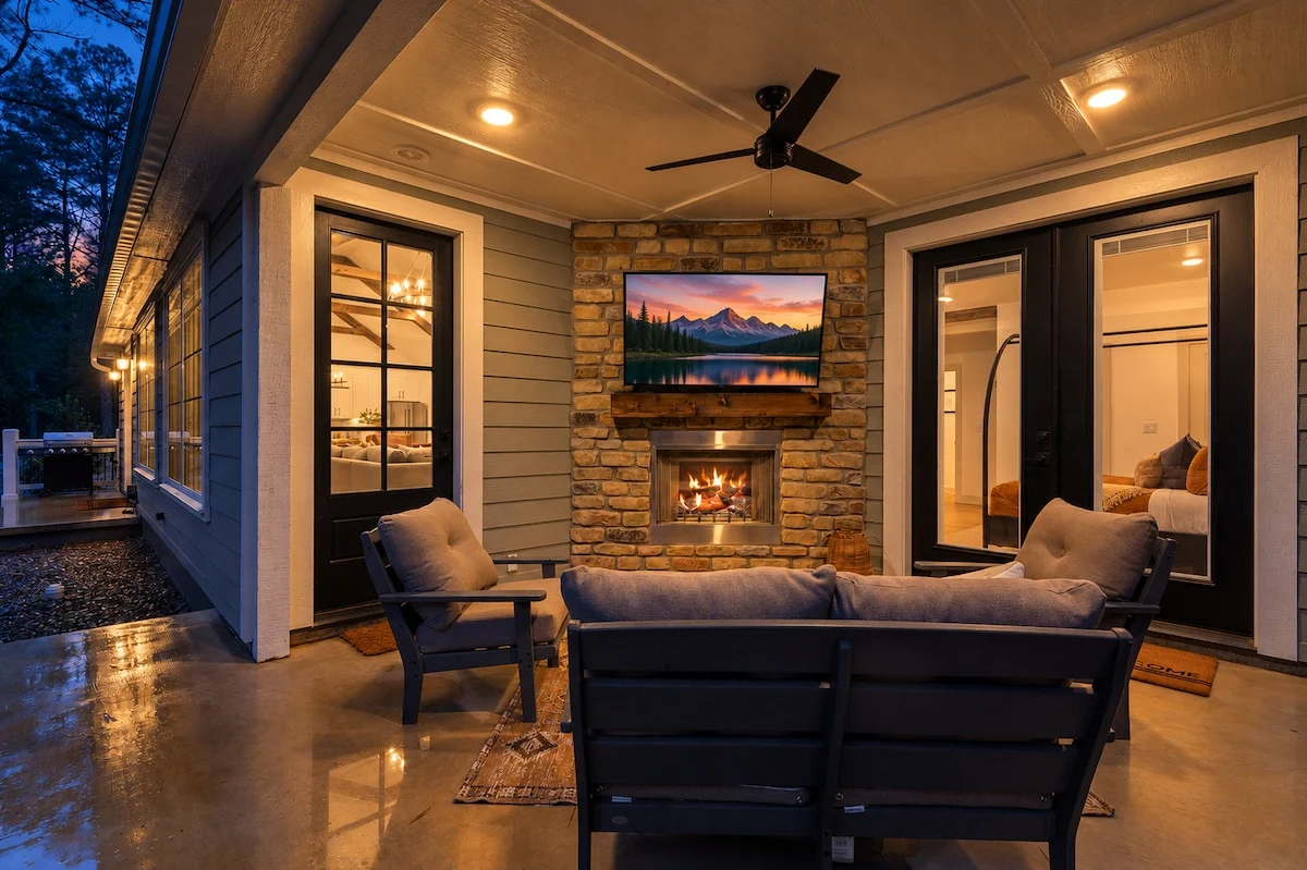 The private covered back patio has lounge seating, a stone gas fireplace, and a mounted smart TV, with glass doors opening to the bedrooms and living area.