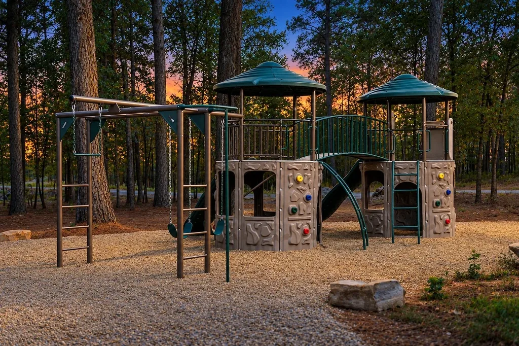 A shared playground within Three Creeks Reserve offers climbing towers, slides, and swings for kids, included at no extra cost.