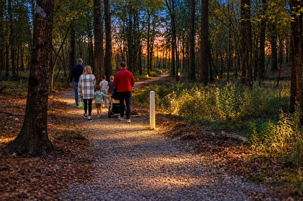 A lantern-lined walking trail winds through the trees at Three Creeks Reserve, a shared resort amenity included at no extra cost.