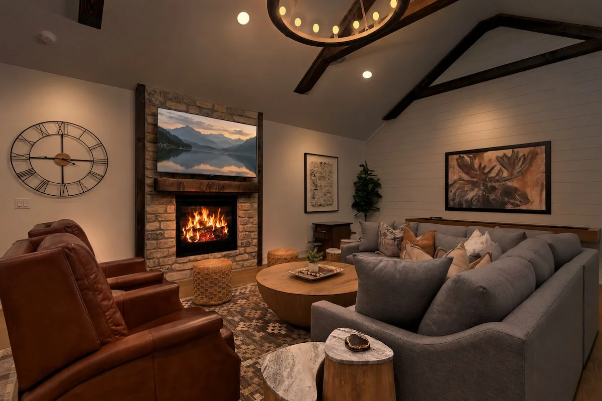 Gather around the private stone fireplace and sectional sofa beneath vaulted wood-beam ceilings for a cozy night in.