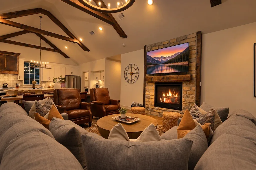 Gather around the stone fireplace and smart TV in a living area built for twelve, with the open kitchen and dining space just steps away.
