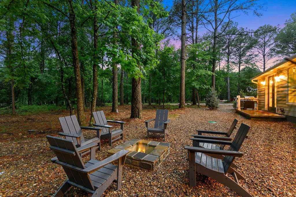 Gather around your own fire pit with seating for six, tucked among the trees just steps from the cabin's back door.