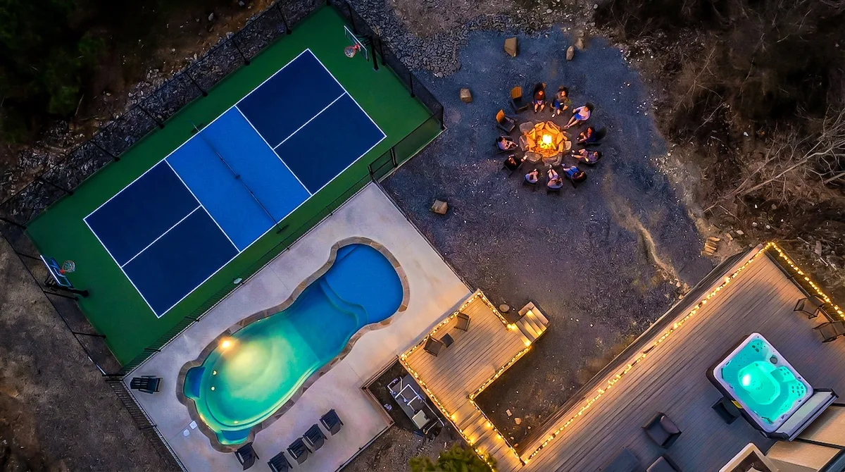 Aerial view of The Jade pool and sport court at Imperial Jade