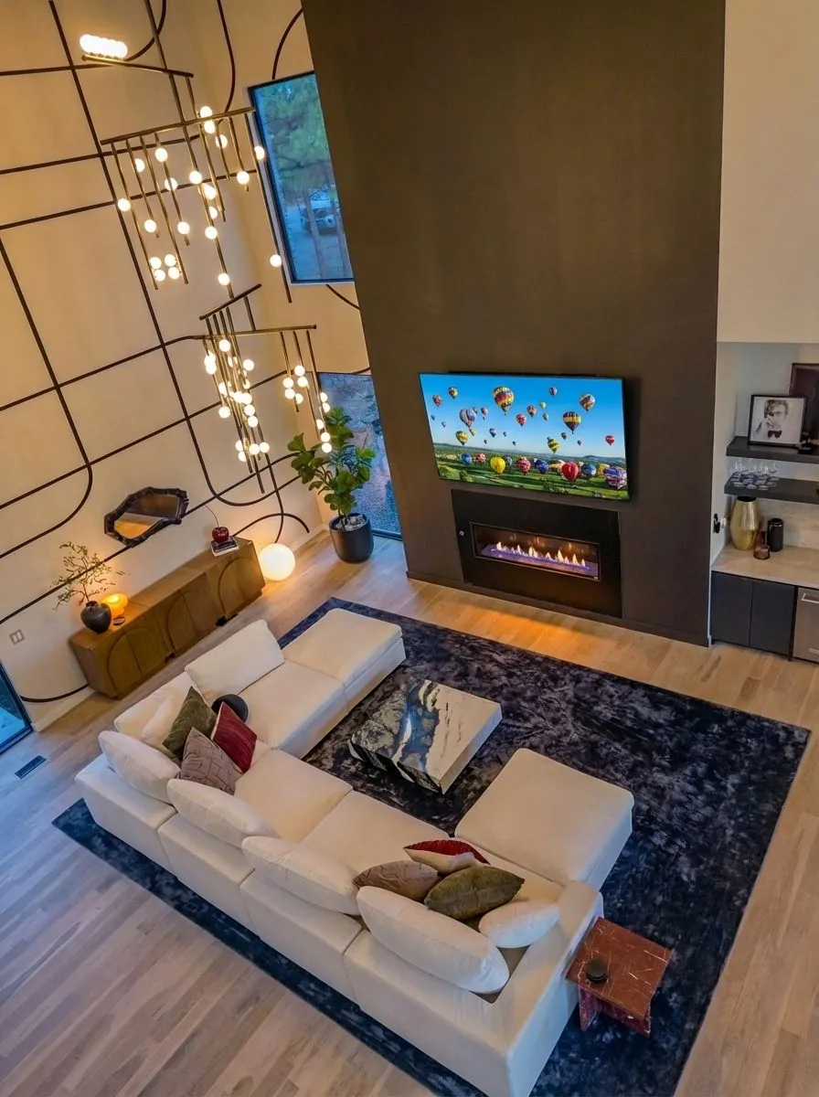 Modern living room at The Jade with large wall-mounted TV, linear fireplace, cascading pendant lights, and white sectional sofa