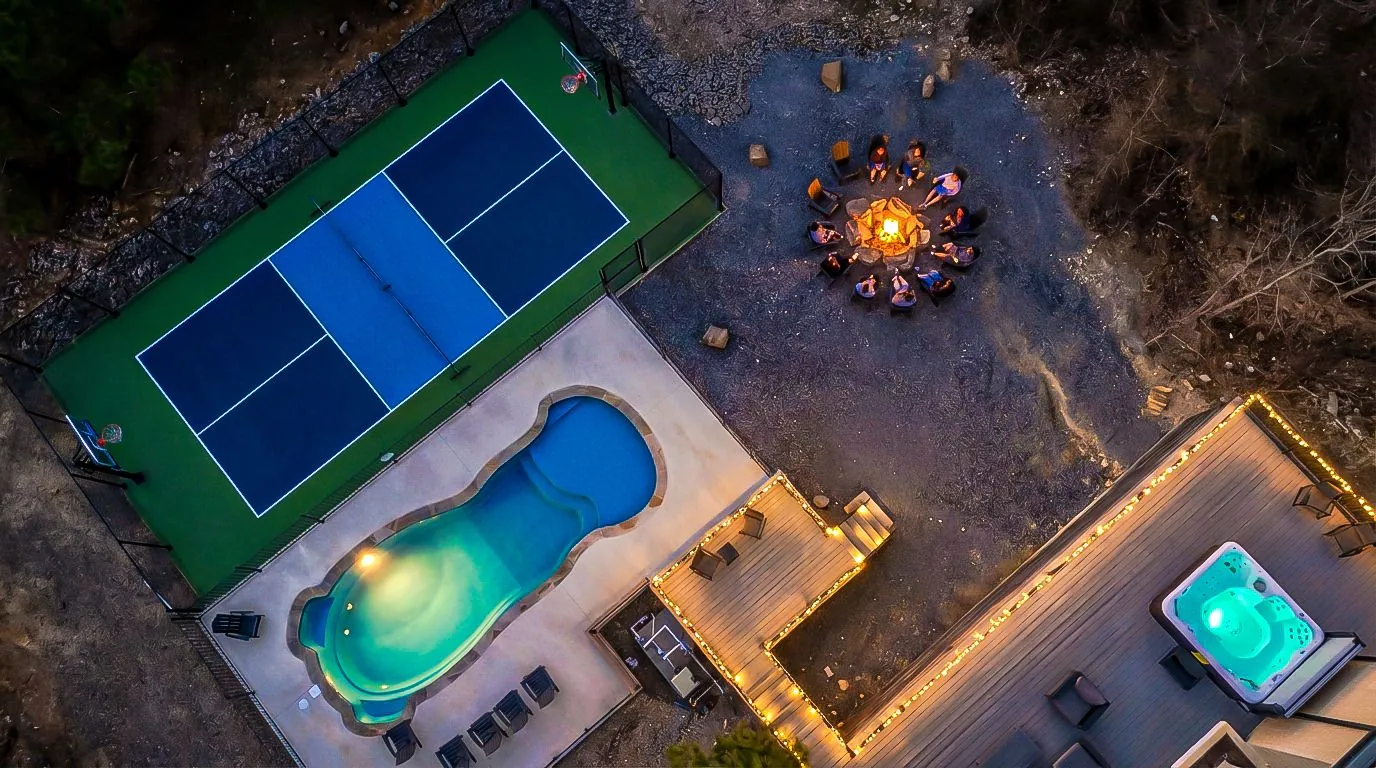 The Jade Broken Bow cabin with private pickleball court and heated pool