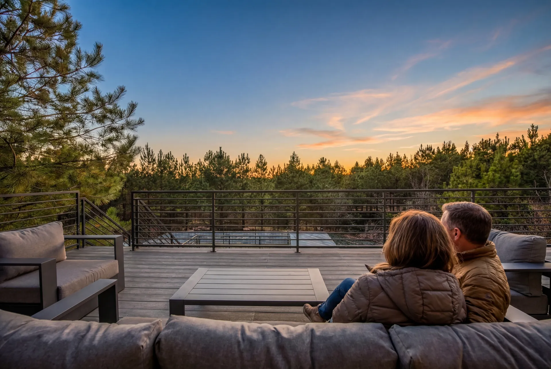 Couple relaxing on the outdoor lounge at The Jade watching a vibrant sunset over the Broken Bow forest canopy