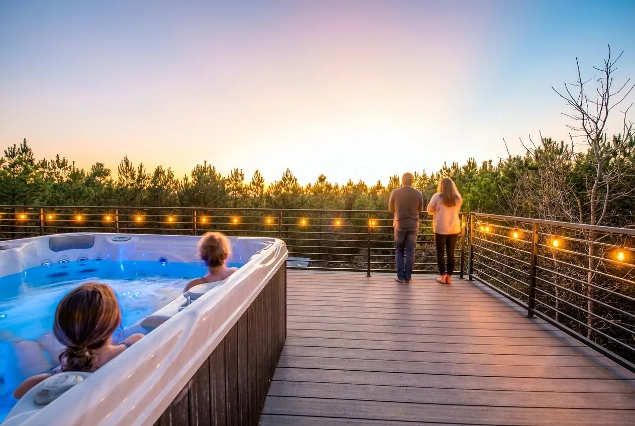 Hot tub on the upper deck at The Jade with string lights and panoramic sunset views over the forest