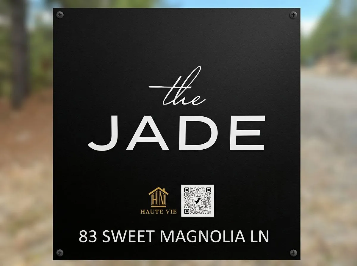 The Jade property welcome sign displaying 83 Sweet Magnolia Ln with Haute Vie logo and QR code
