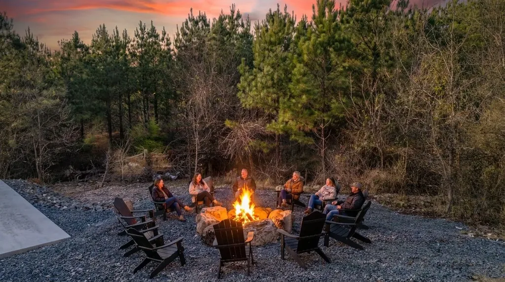 Guests gathered around the outdoor fire pit at The Jade in Adirondack chairs under the night sky