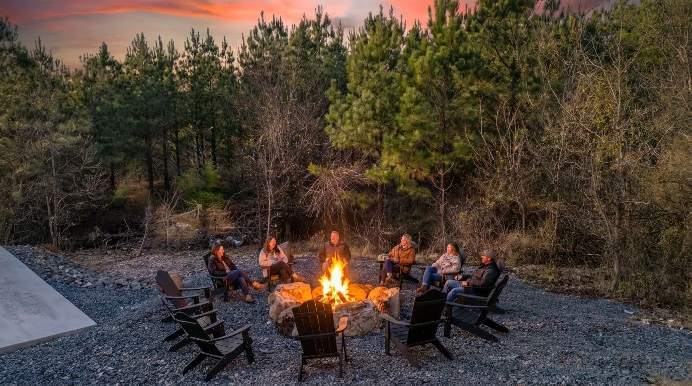 Guests gathered around the outdoor fire pit at The Jade in Adirondack chairs under the night sky