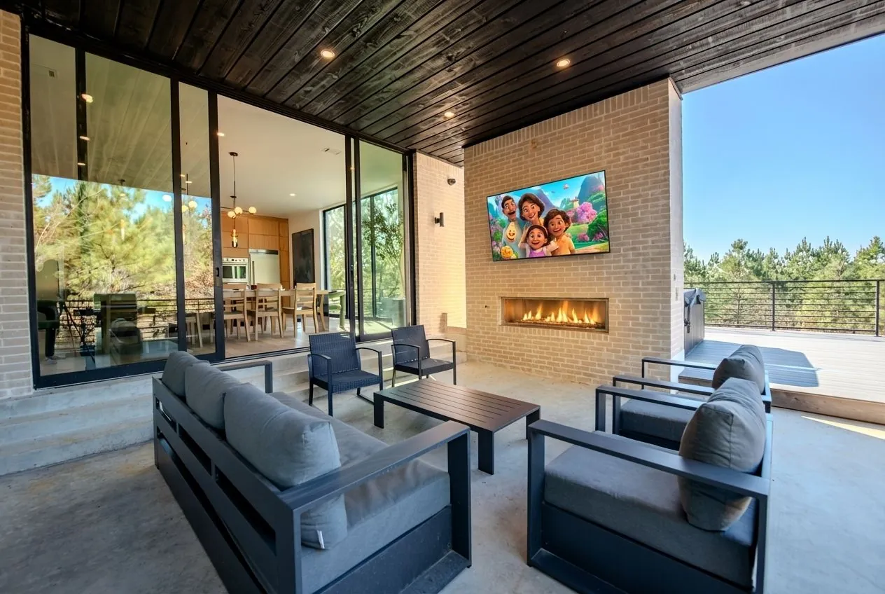 Covered outdoor living area at The Jade with linear gas fireplace, wall-mounted TV, and comfortable lounge seating