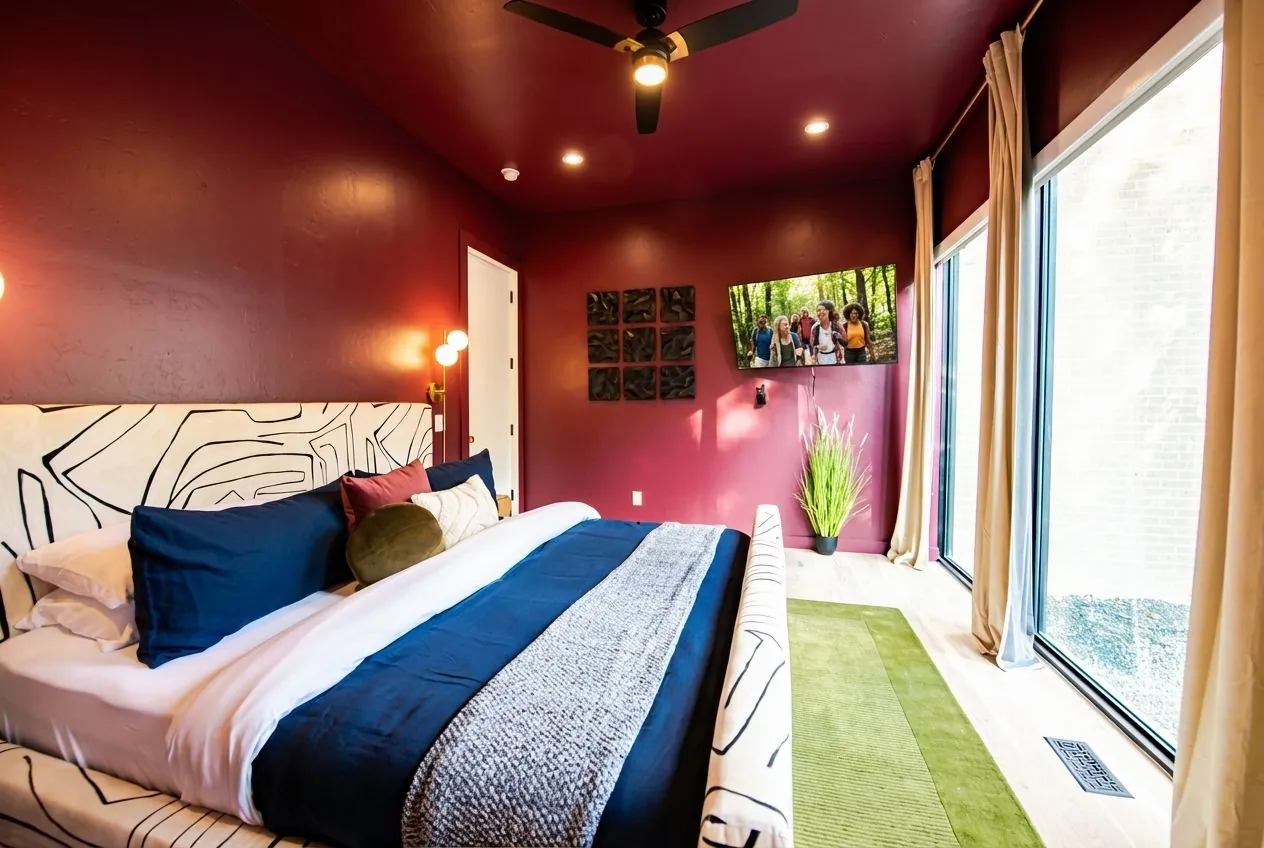 Red accent bedroom at The Jade from alternate angle showing king bed with green bedding, nature-inspired artwork, and window views