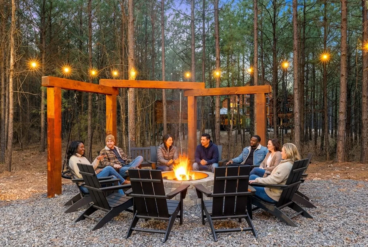 Group gathered around the outdoor pergola fire pit at LivNLove in Adirondack chairs with string lights