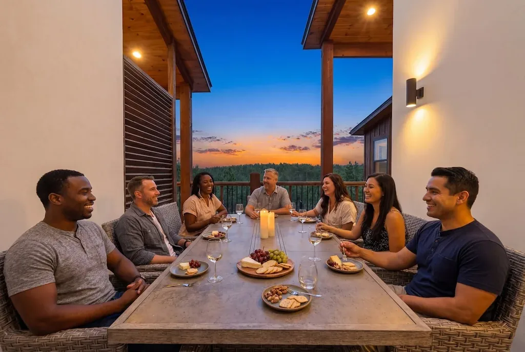 Guests dining at the covered outdoor table overlooking the sunset