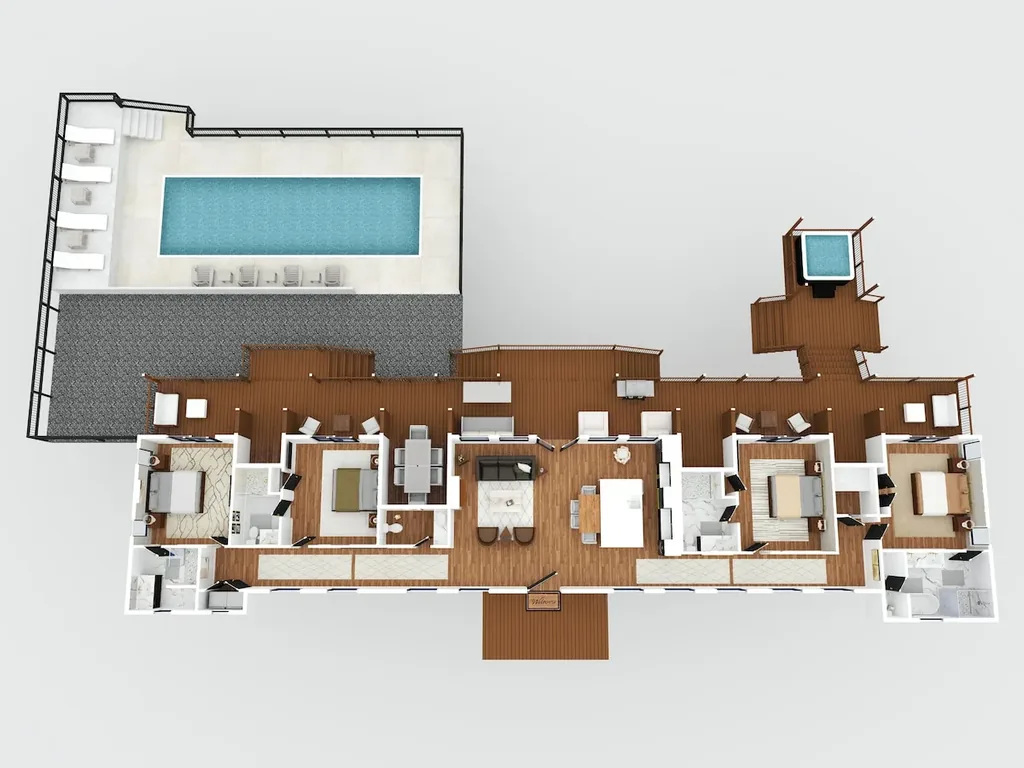 Overhead floor plan showing The Malibu's single-story layout, decks, hot tub pavilion, and pool