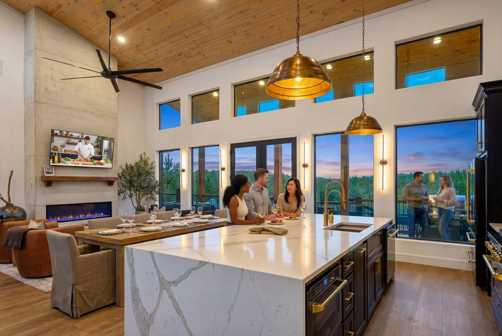 Open kitchen and living area at The Malibu with guests socializing around the marble island and gold pendant lights