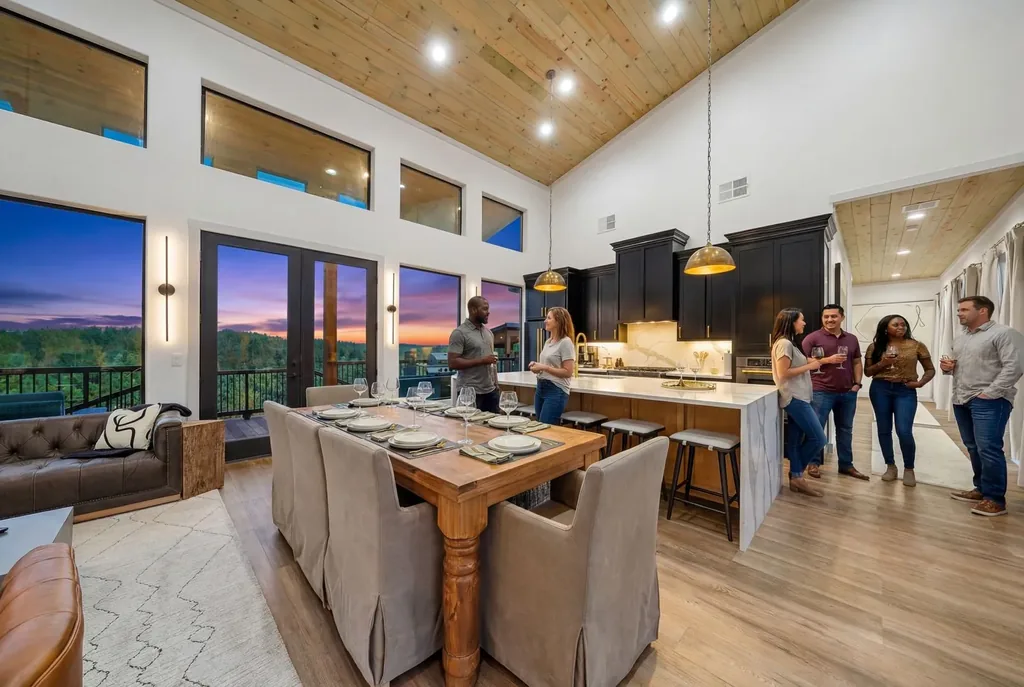 Open-concept great room at The Malibu with vaulted wood ceiling, gold pendant lights, dining table, and guests socializing