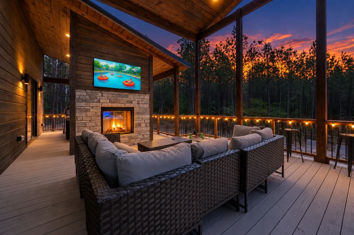 Covered outdoor living room at Miko Chukka with fireplace and forest views