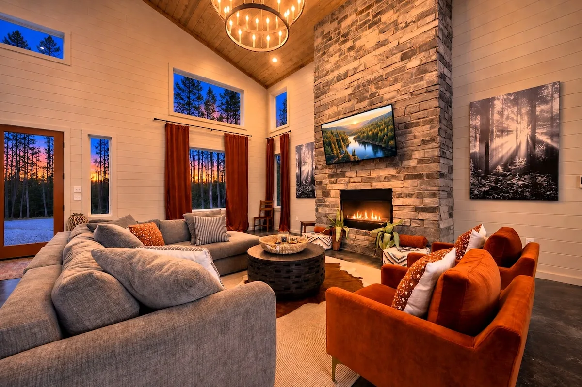 Vaulted living room at Miko Chukka with a stone fireplace and group seating