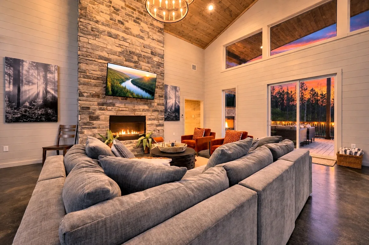 Oversized living room sectional and fireplace at Miko Chukka
