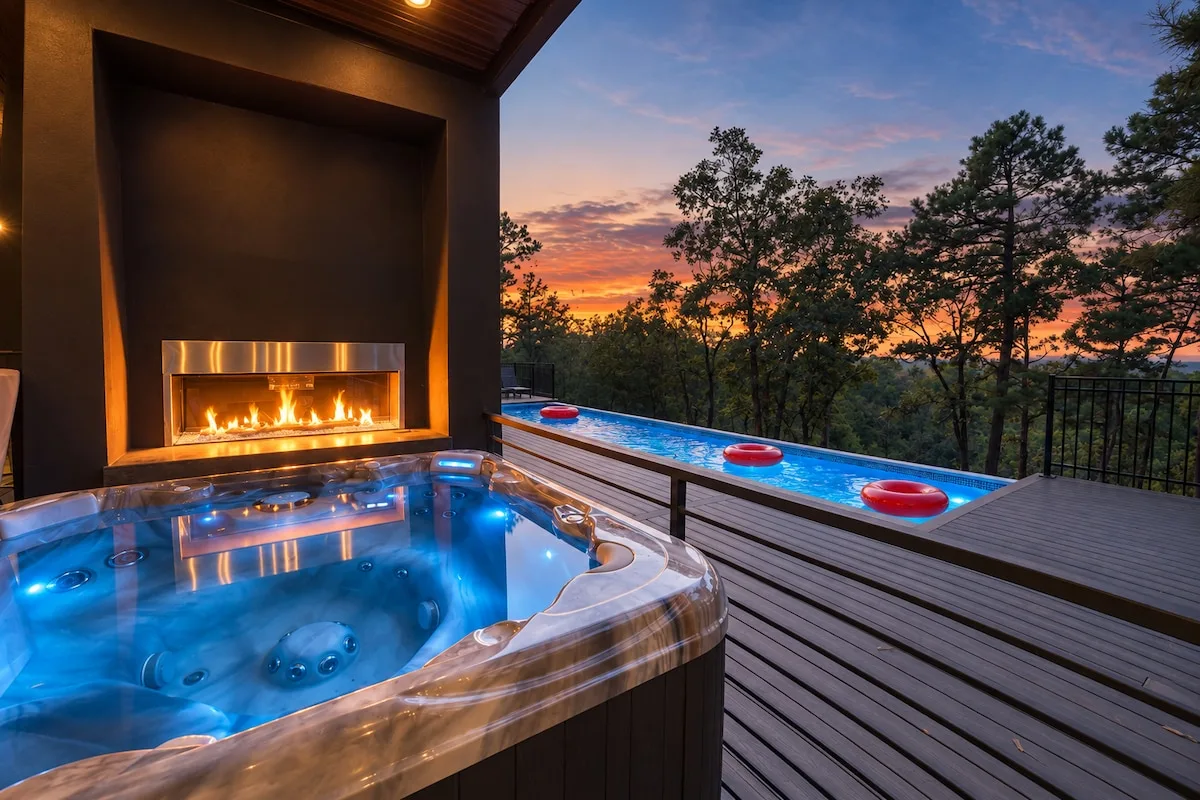 Private hot tub and deck fireplace at Sanctuary at the Summit