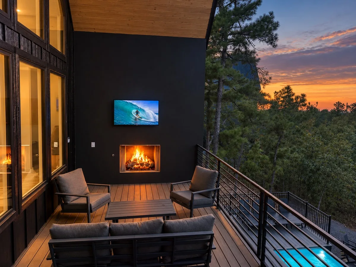 Private deck fireplace, television and sunset view at Sanctuary at the Summit